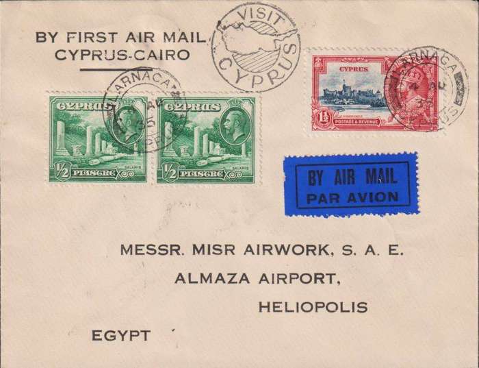 CYPRUS - 1935 1st FLIGHT - LARNACA - CAIRO,EGYPT - SUPERB
