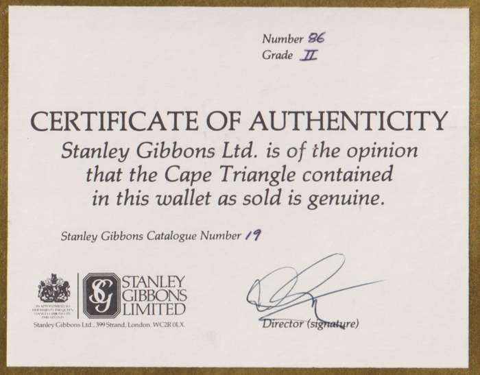 CAPE OF GOOD HOPE 4d TRIANGLE - STANLEY GIBBONS CERTIFICATE