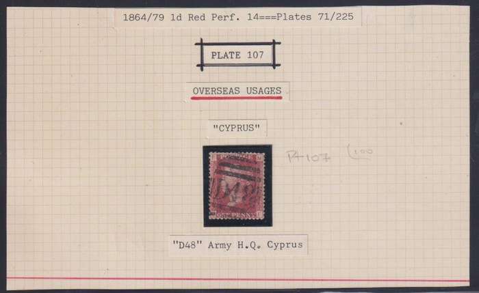 GB USED IN CYPRUS 1864 1d RED - ARMY HQ POSTMARK PLATE 107