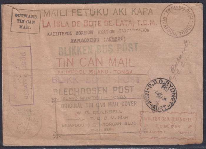 TONGA 1939 TIN CAN MAIL COVER  - A BEAUTY!