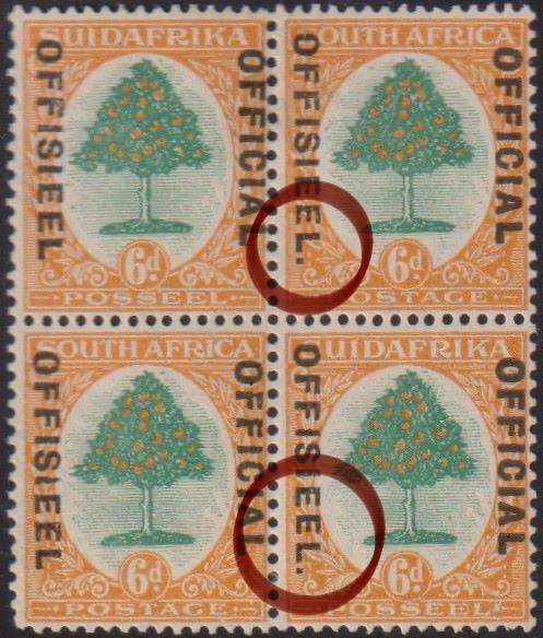 SA 1929 6d OFFICIAL WITH STOPS-  BLOCK FINE MINT - SACC O10a/b CV R3000