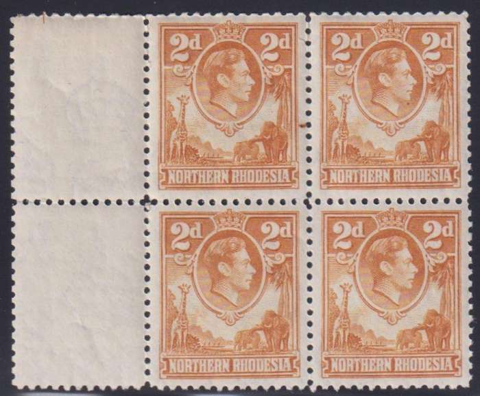 NORTHERN RHODESIA 1938 KGV1 2d YELLOW BLOCK OF 4 UM CV R4000