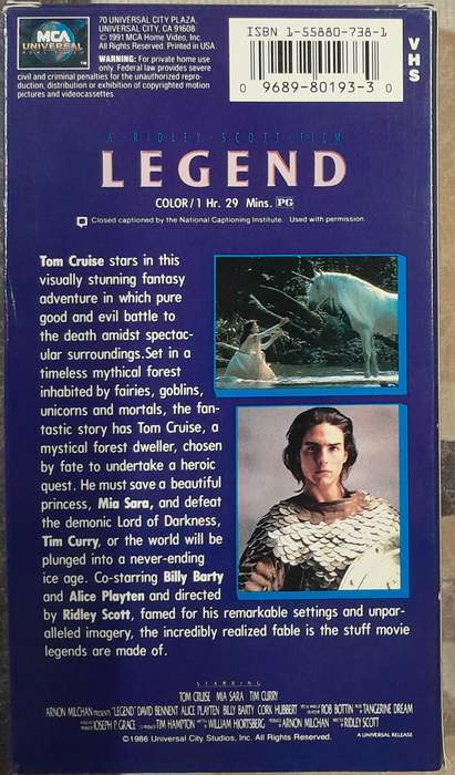Legend VHS (NTS format) Tom Cruise, Mia Sara, Tim Curry