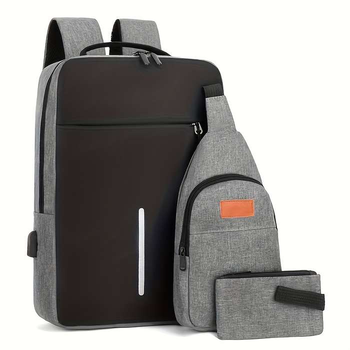 3-Piece Men's Commuter Bag Set Durable Laptop Backpack Chest Bag Zipper Handbag