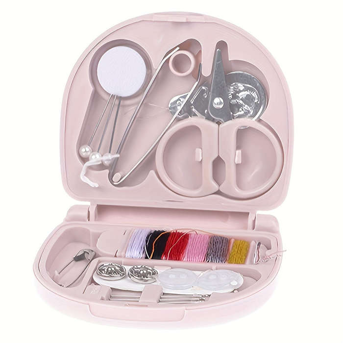 Compact Travel Sewing Kit DIY Mini Sewing Supplies and Accessories Pink Portable Sewing Box
