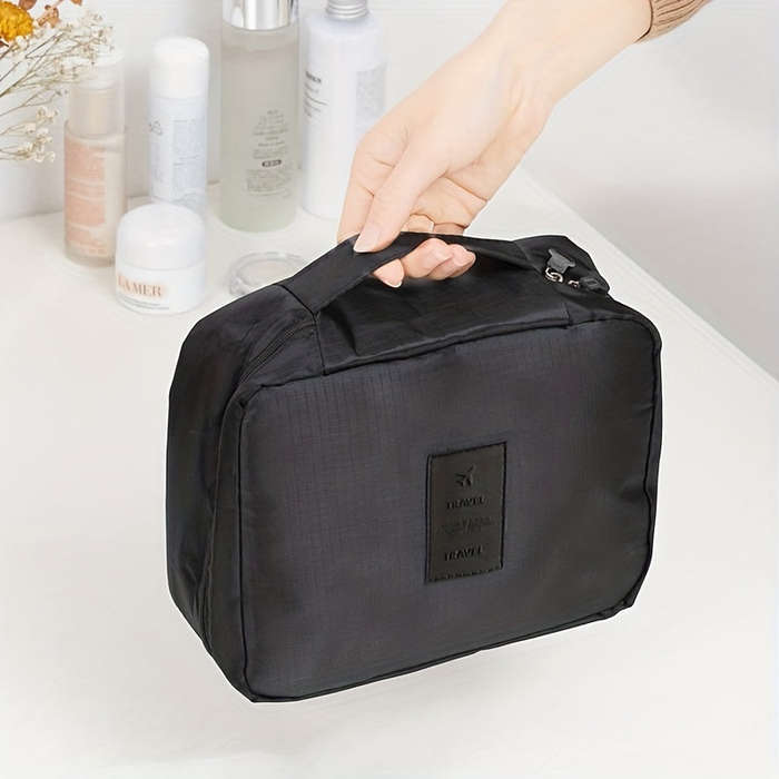 Versatile black canvas cosmetic bag with secure zipper waterproof multi-compartment storage