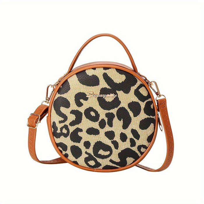 1pcs Girls Vintage Leopard Print Small Round Bag Cute Small Fashion Handbag Zipper Casual Shoulder