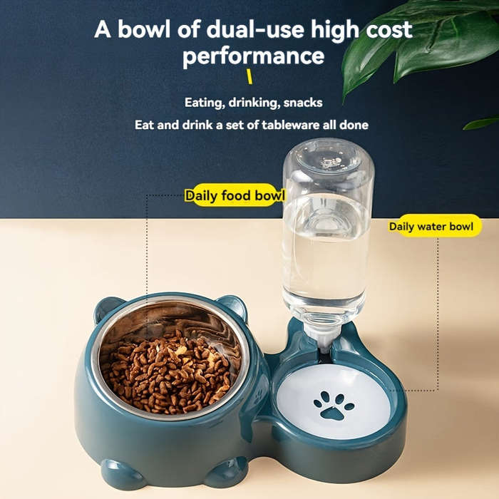 2 in 1 Pet Feeder with Automatic Drinking Fountain Non-slip Slanted Stainless Steel Cat and Dog Foo