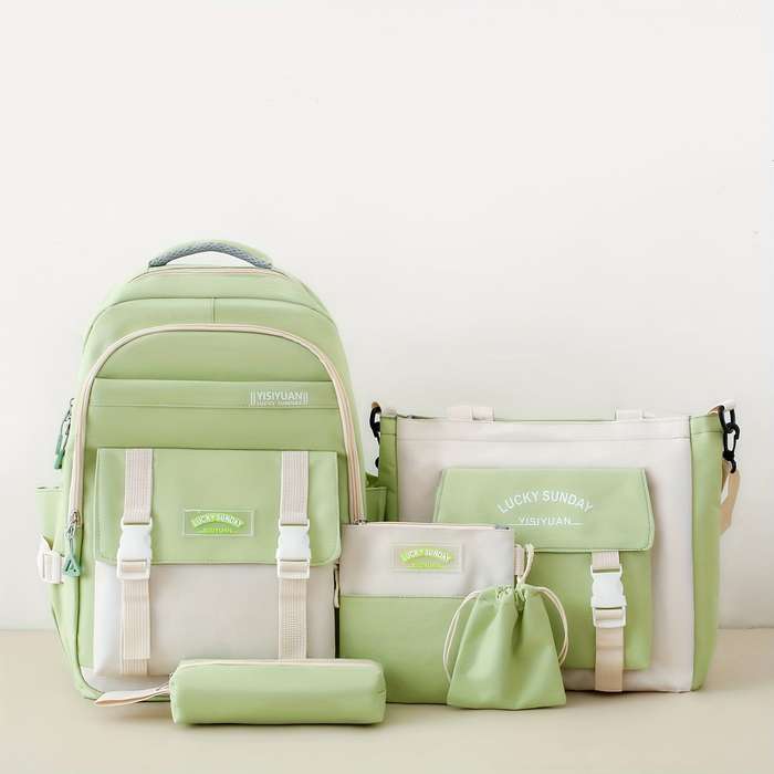 5-Piece Women's Fashion Backpack Set Preppy Style Black Pink Blue Green Purple Oxford Cloth With Adj
