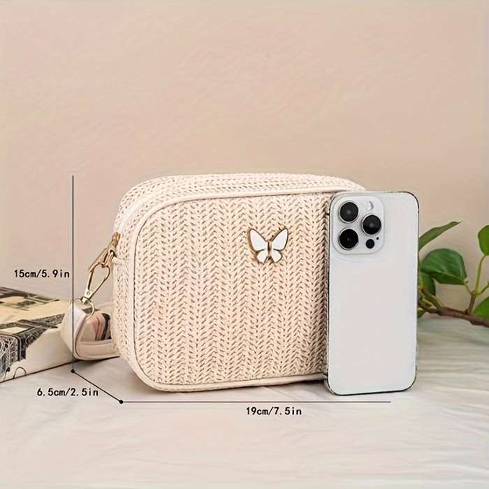 Small Butterfly Decorated Straw Crossbody Bag Stylish Sweet And Versatile Mini Bag