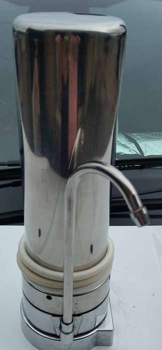 Chromed table top or wall mounted metal combo filter, water purifier, with tap and in line coupling