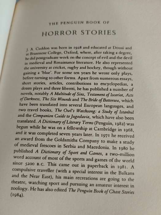 1 x book The Penquin Book Of Horror Stories by J A Cuddon