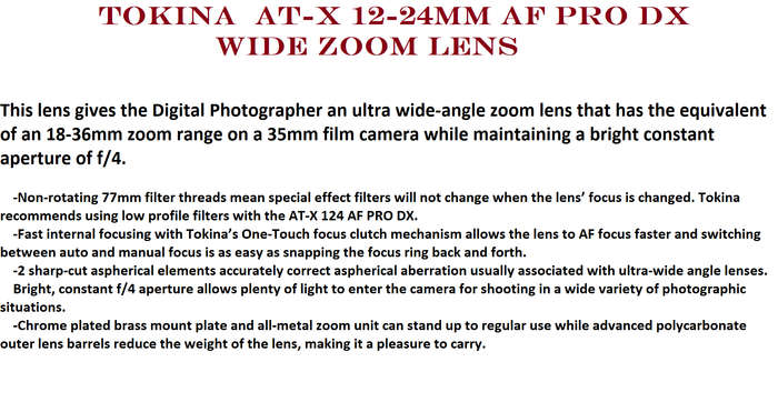 Tokina 12-24mm f/4 AT-X 124 AF Pro DX Lens Wide Zoom