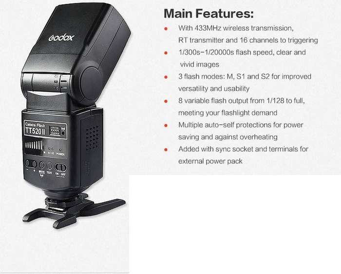 GODOX TT520 II Universal Hot Shoe Flash Speedlite for DSLR Cameras Canon Nikon Pentax Olympus