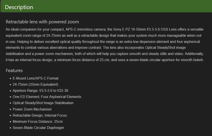 Sony E PZ 16-50mm f/3.5-5.6 OSS Lens