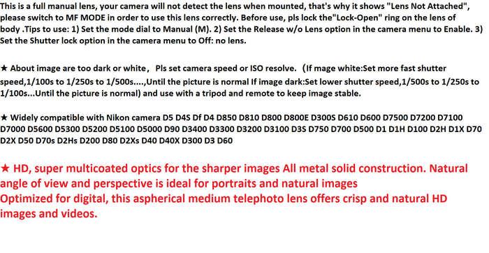 Lightdow 85mm F1.8 Large Aperture Fixed Focus Portrait Macro Manual Focus Camera Lens for Nikon