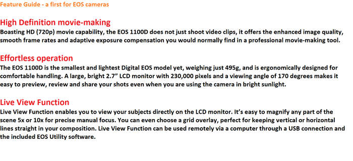 CANON EOS 1100D,12MP DSLR CAMERA WITH HD MOVIES, COMING WITH 18-55MM ZOOM LENS