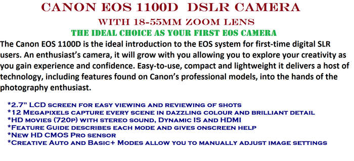 CANON EOS 1100D,12MP DSLR CAMERA WITH HD MOVIES, COMING WITH 18-55MM ZOOM LENS