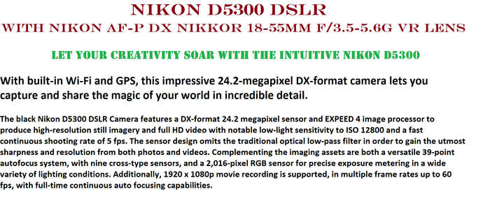 Nikon D5300 DSLR with AF-P DX 18-55mm f/3.5-5.6G VR Zoom Lens
