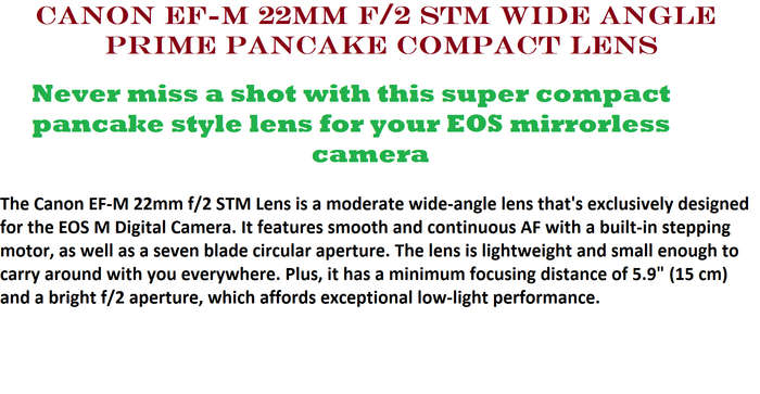 Canon EF-M 22mm f/2 STM Wide Angle Prime Pancake Compact Lens