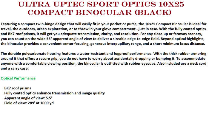 ULTRA OPTEC Sport Optics 10x25 Compact Binocular (Black)