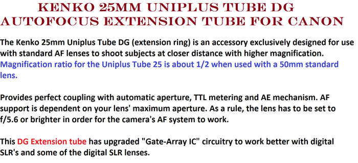 Kenko 25mm Uniplus Tube DG Autofocus Extension Tube for Canon EOS EF