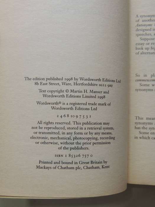 The Wordsworth Dictionary Of Synonyms & Antonyms- ed Martin H. Manser
