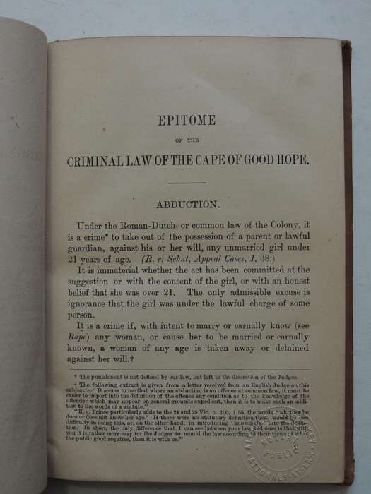 Epitome Of The Criminal Law Of The Cape Of Good Hope Specially Adapted For The Cape Police- BV Shaw