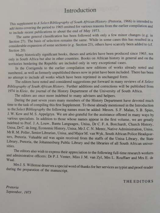 Supplement to a Select Bibliography of South African History: A Guide for Historical Researched C.F