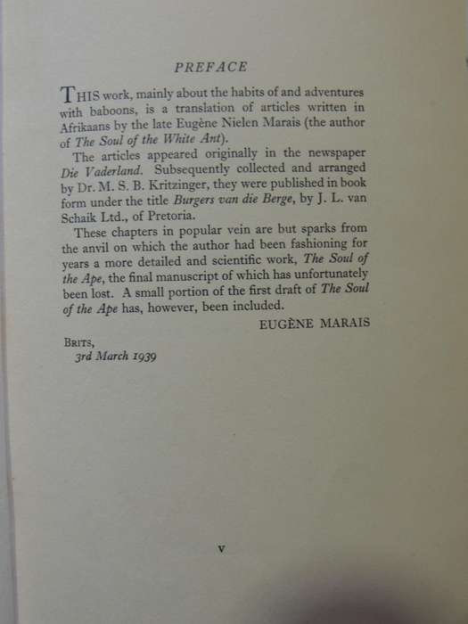 My Friends The Baboons - Eugene N. Marais     1st Edition 1939
