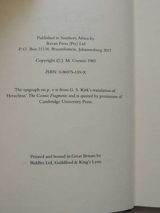 Life & Times Of Michael K  -  J.M. Coetzee   1st Edition 1983
