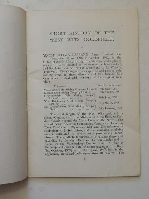 Short History Of The West Wits Goldfield ( Scarce1948)