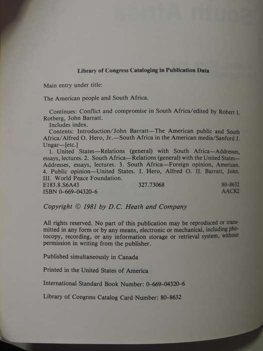 The American People And South Africa- ed Alfred O Hero & John Barratt