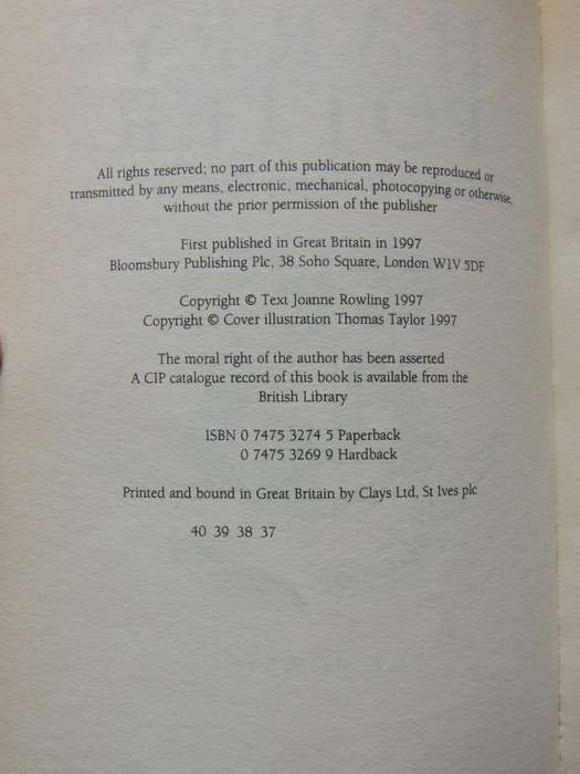 Harry Potter And The Philosopher's Stone - JK Rowling   FIRST EDITION 37th Printing