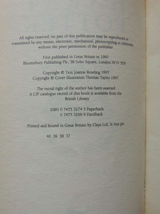 Harry Potter And The Philosopher's Stone - JK Rowling   FIRST EDITION 37th Printing