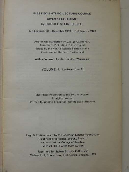 First Scientific Lecture Course Light Course Stuttgart 1919-20 Vol. 1 - Rudolf Steiner  1977