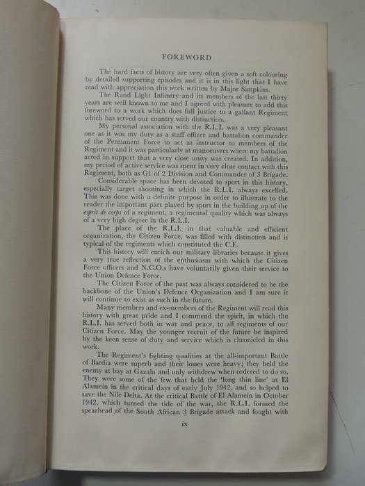 Rand Light Infantry: Signed (No. 99 Of An Unnumbered Limited Issue) - Major B.G. Simpkins