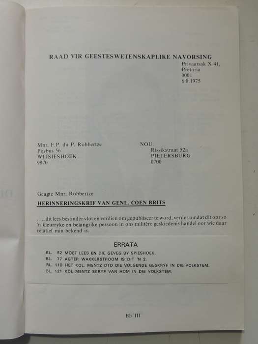 Generaals Coen Brits En Louis Botha 1899-1919 - F.P. Du P. Robbertze