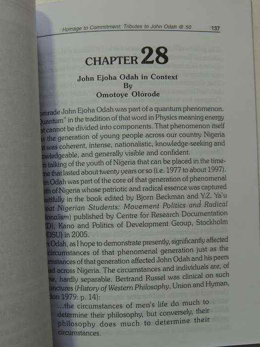 Homage To Commitment (Tributes To John Odah At 50) Inscribed to Jay Naidoo ed Benson Upah & Onah Idu