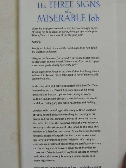 The Three Signs Of A Miserable Job: A Fable For Managers (And Their Employees)- Patrick Lencion