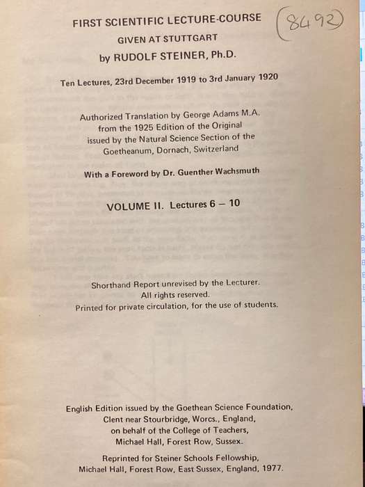 First Scientific Lecture Course Light Course Stuttgart 1919-20 Vol. 1 - Rudolf Steiner  1977