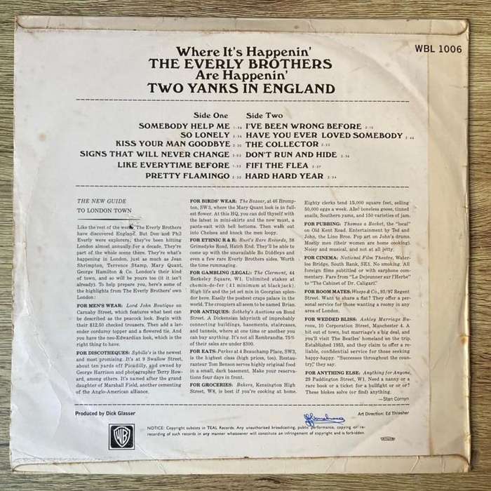 the Everly Brothers - Two Yanks In England LP/Album (1966 SA press) VG/VG