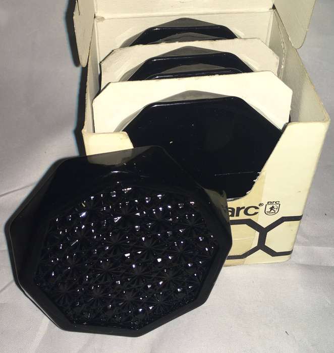 Luminarc Octime Black Octagonal Coasters Set of 6 Original Box Vintage Made in France