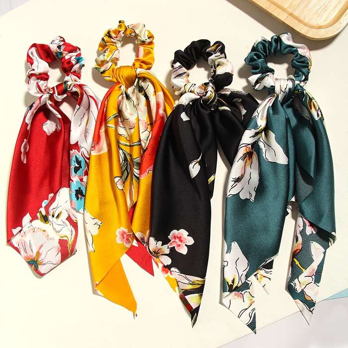 4pcs Elegant Floral Print Scarf Hair Tie