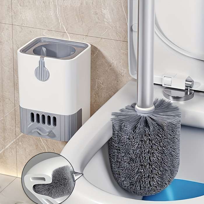 Space-Saving Wall-Mounted Toilet Brush Set With Long Handle - Soft Silicone Bristles,