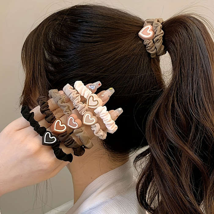 5pcs Vintage Style Fabric Hair Ties With Love Pendants