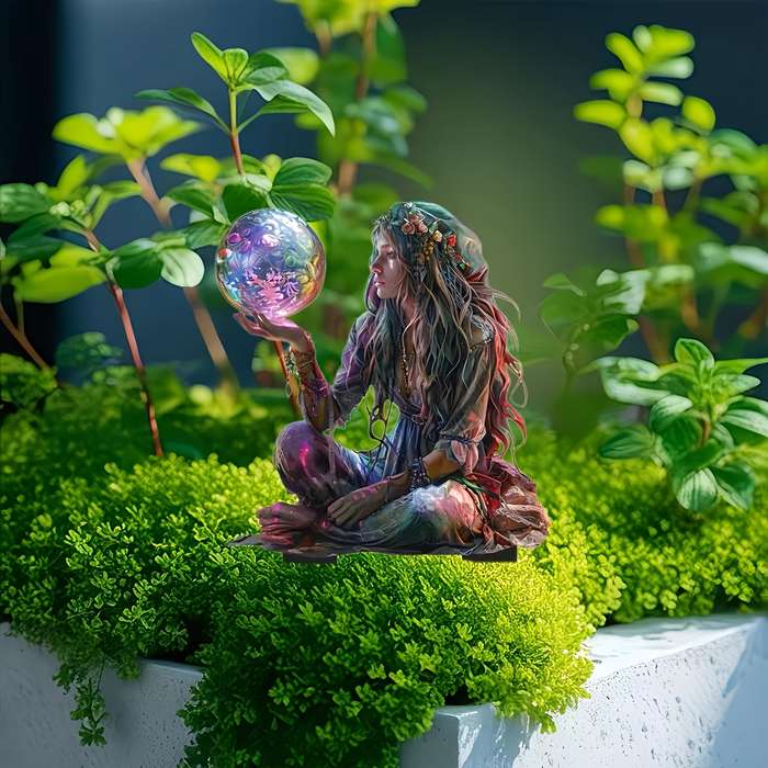 Art Deco Fairy Garden Stake - Decorative Fantasy Crystal Ball Playing Fairy Statue