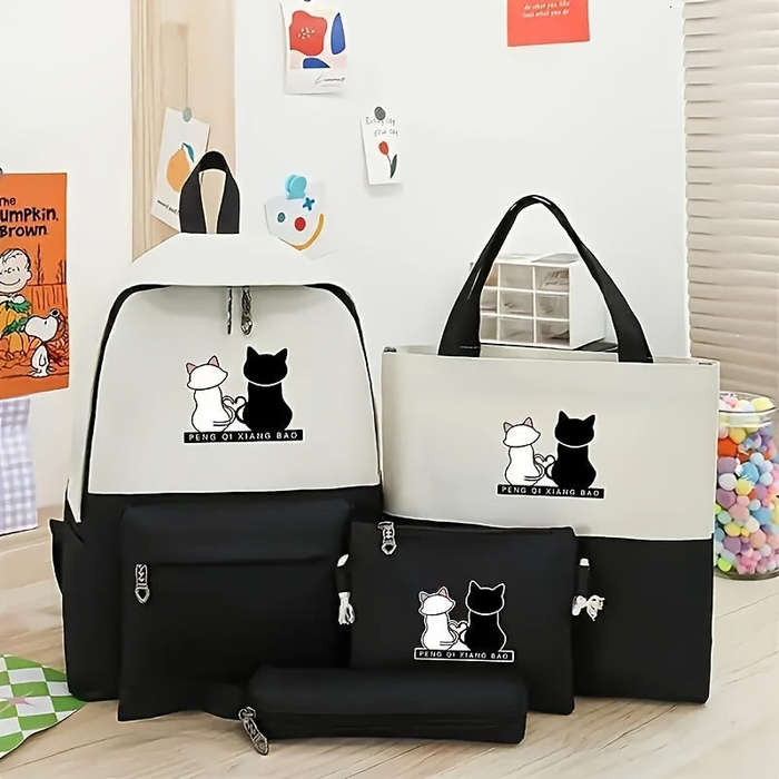 Durable Kitten Print Backpack Set With Matching Tot