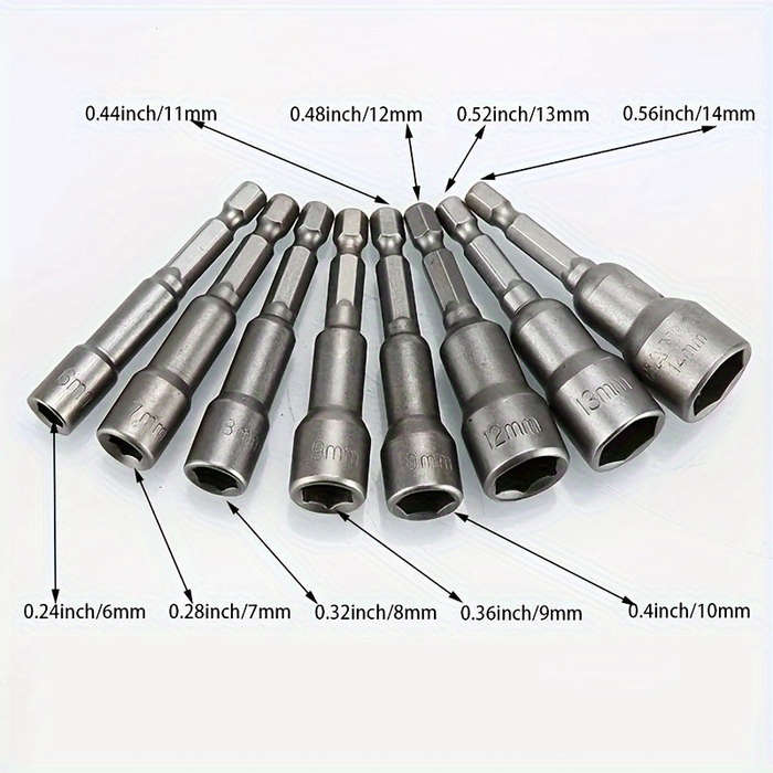 9-Piece Set Of 5mm To 13mm Hexagon Screwdriver Bits