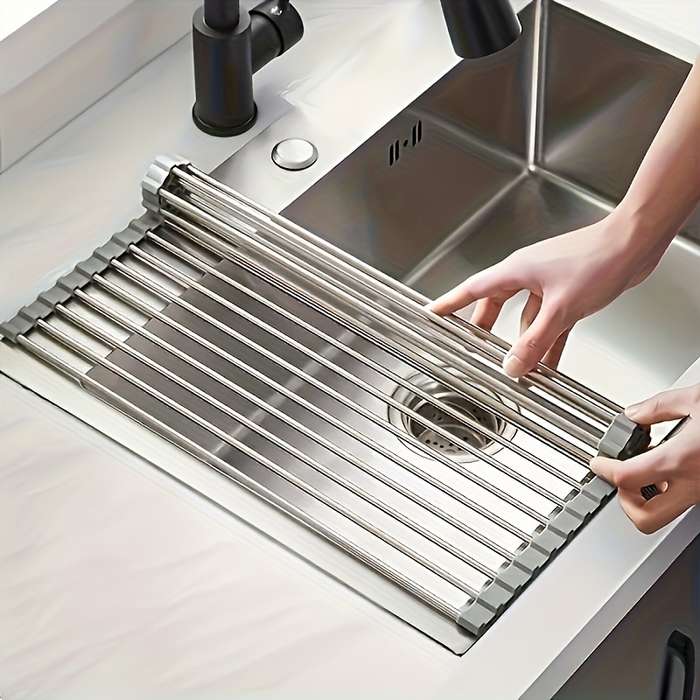 1pc Deluxe Stainless Steel Roll-Up Dish Drying Rack